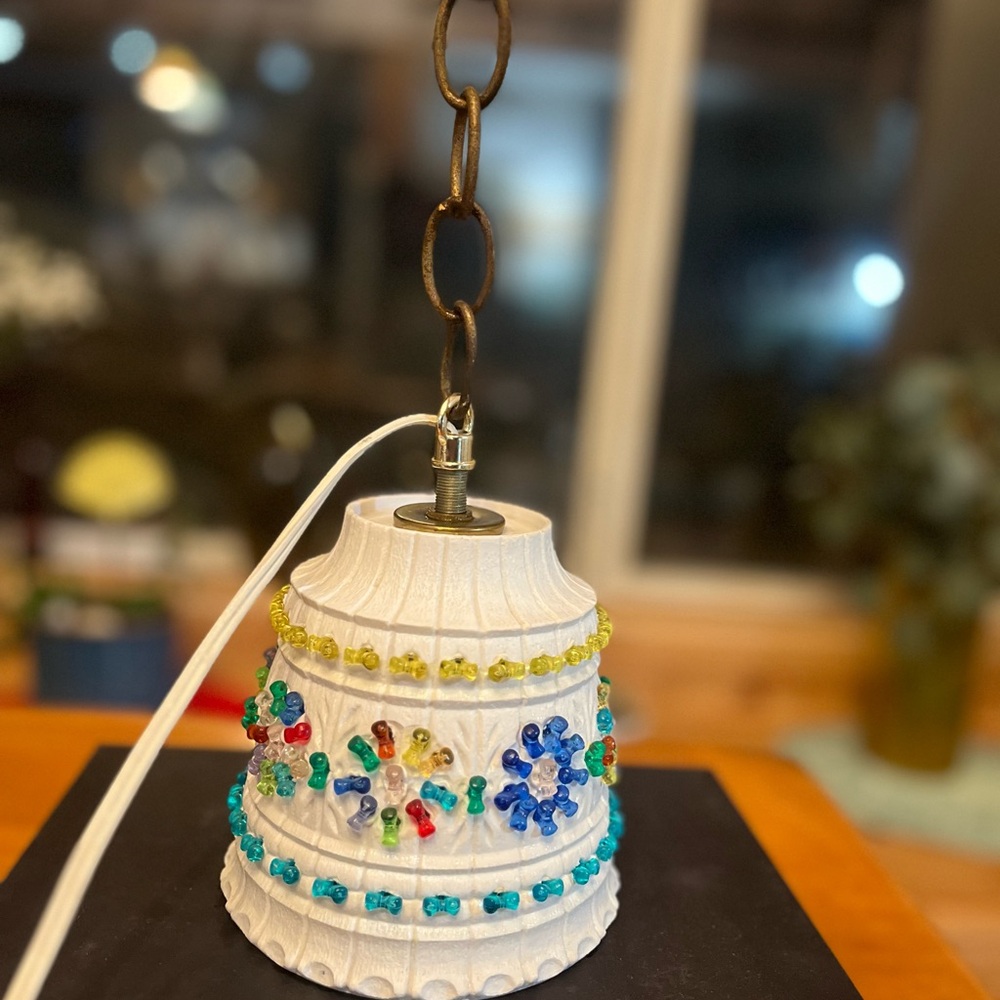 Vintage Boho Small Swag Lamp • Beaded Plastic Pendant Light • Plug-In - Picture 10 of 10